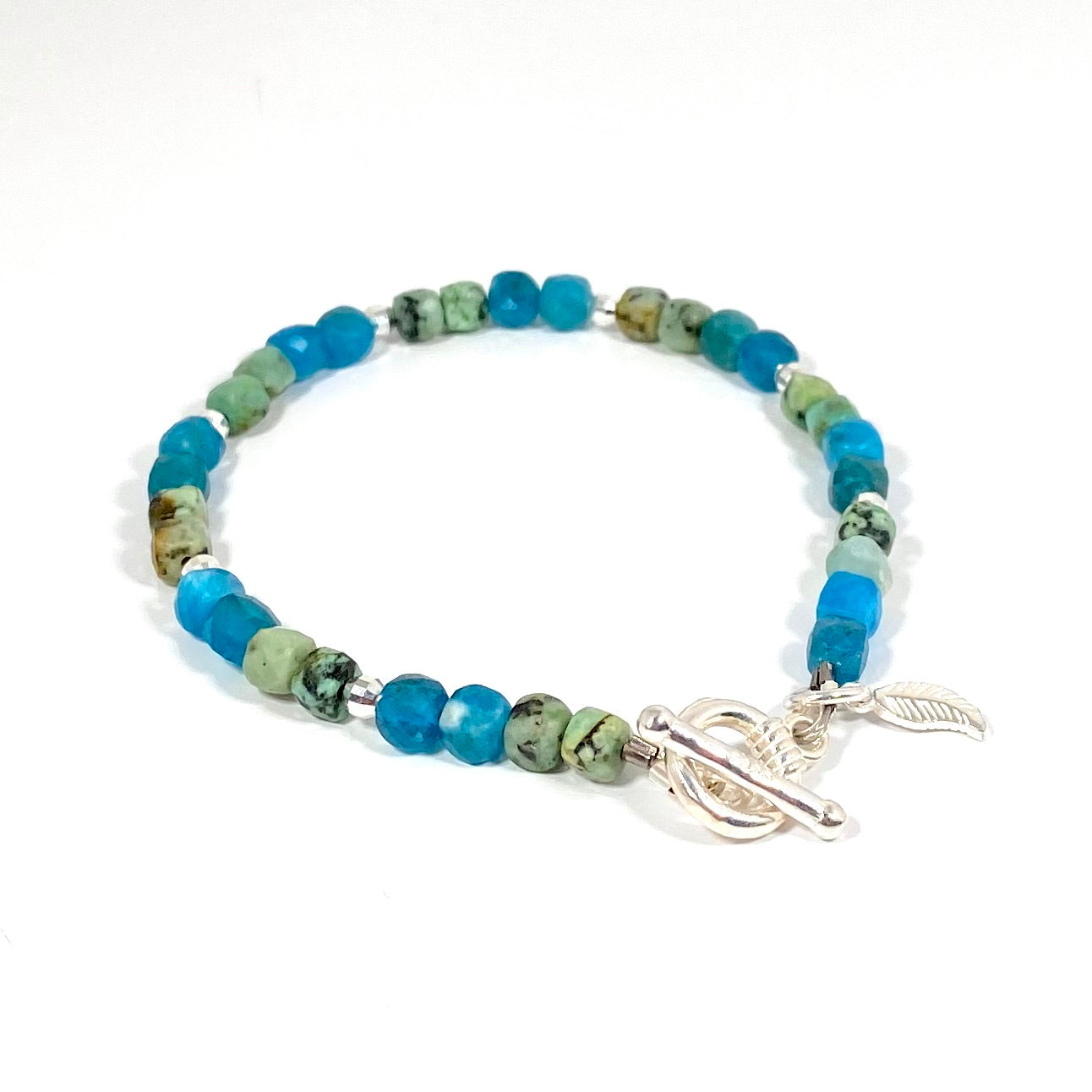 Turquoise, apatite and silver leaf bracelet
