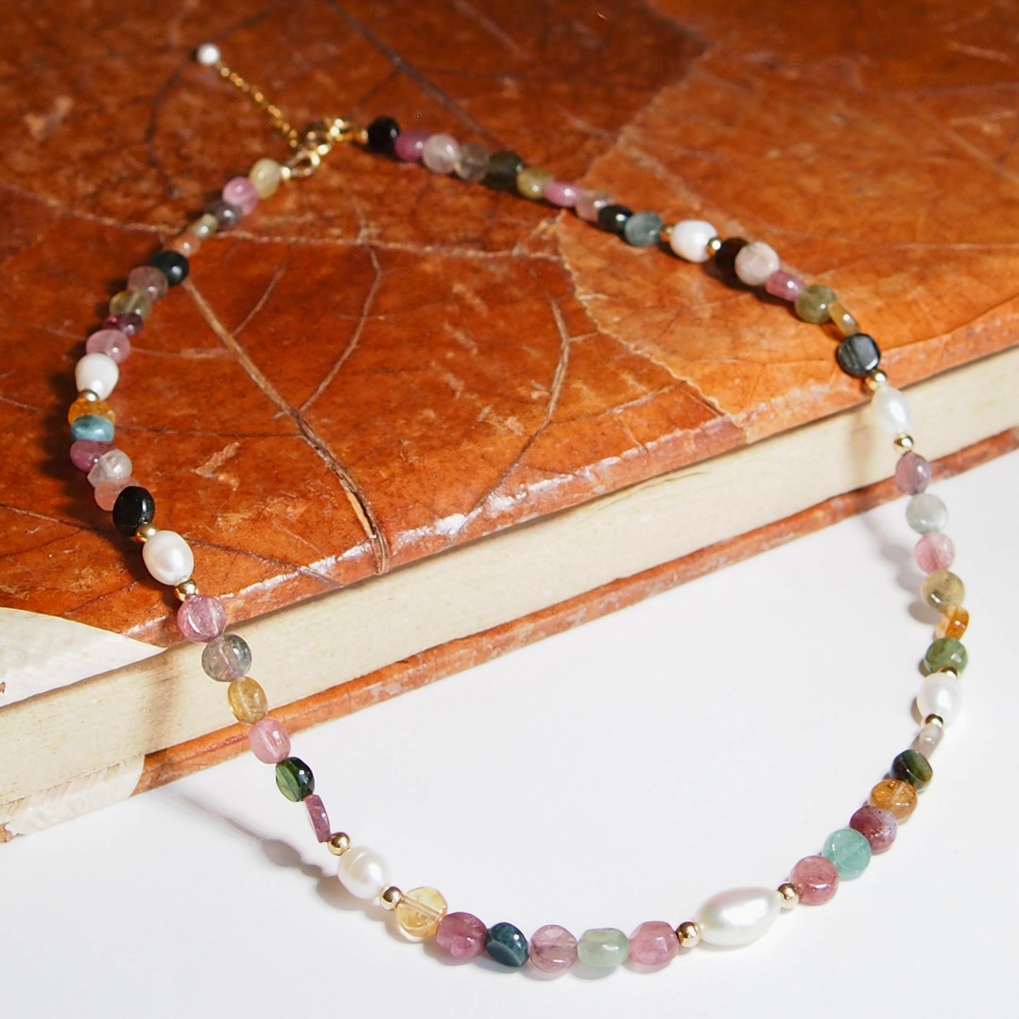 Tourmaline, freshwater pearl and gold necklace