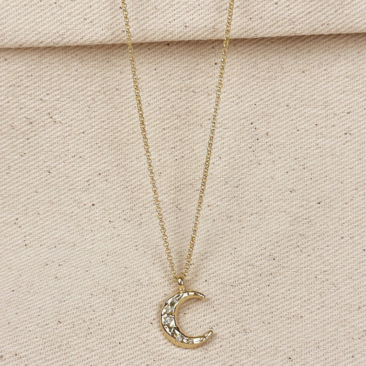 Collier avec chaîne en or et pendentif Croissant de lune martelé, en or rempli 18 carats