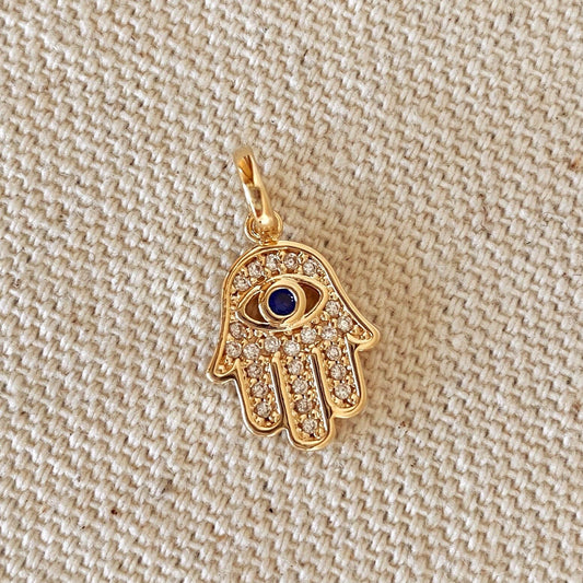 Breloque Hamsa en forme de mauvais œil remplie d'or 18 carats ornée de zircones cubiques