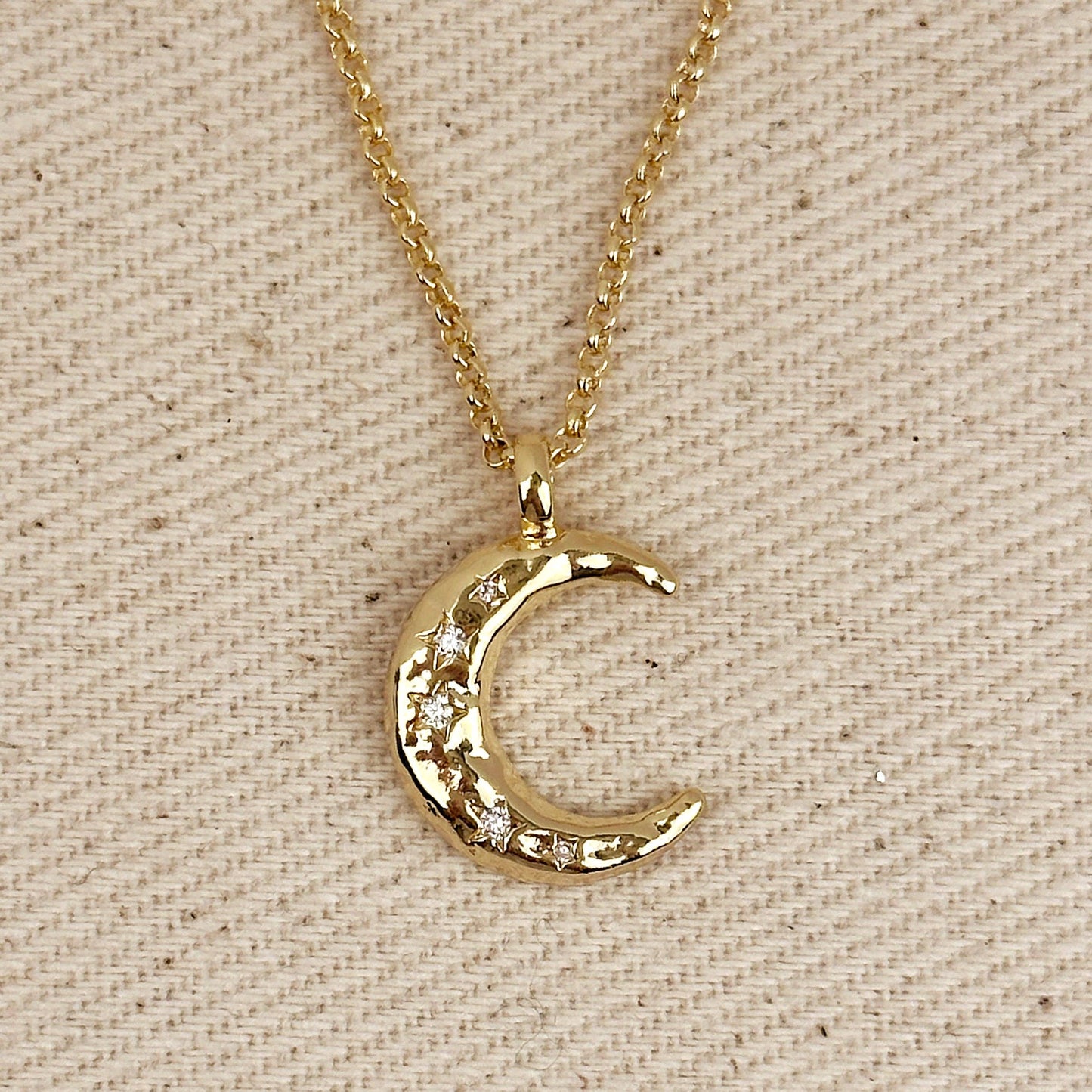 Collier avec chaîne en or et pendentif Croissant de lune martelé, en or rempli 18 carats