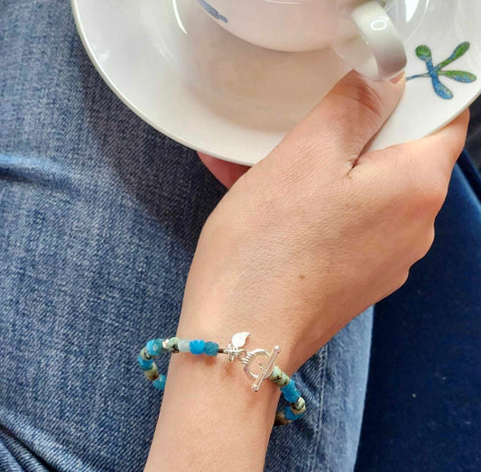 Turquoise, apatite and silver leaf bracelet