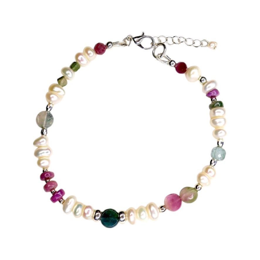 Freshwater pearl and multi-colored tourmaline bracelet