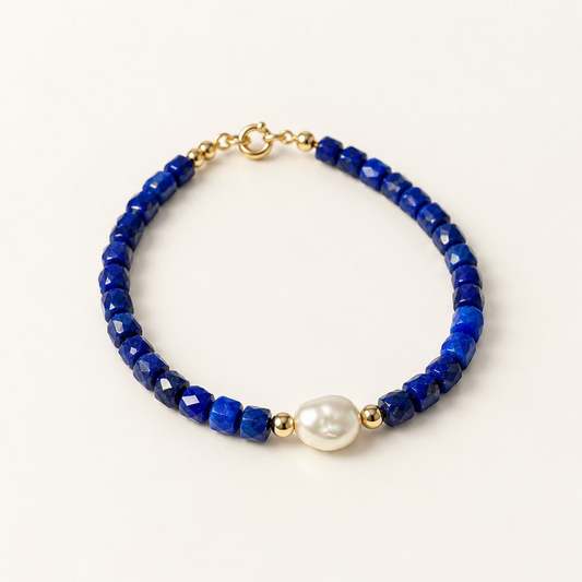 Bracelet lapis lazuli cubes et perle d'eau douce