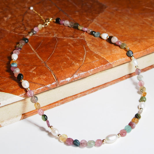 Collier tourmaline, perles d'eau douce et or