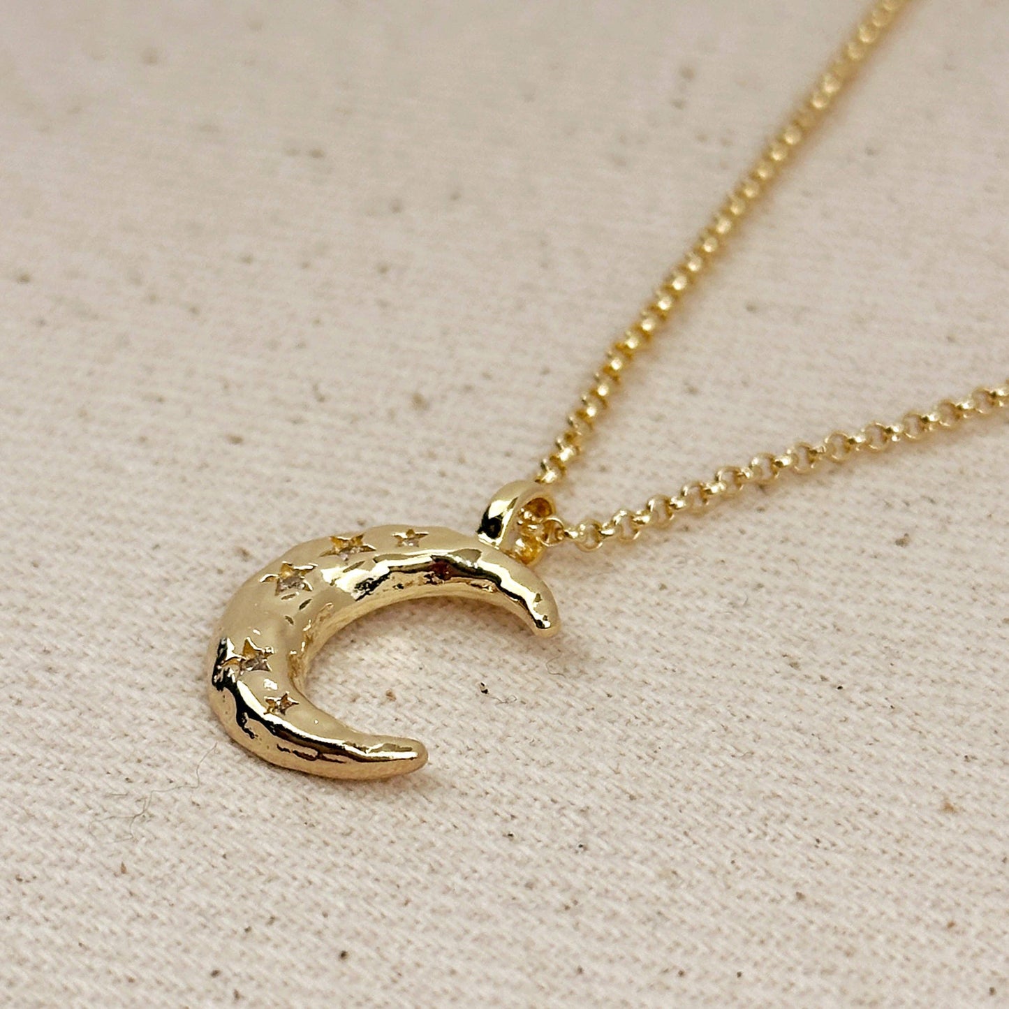 Collier avec chaîne en or et pendentif Croissant de lune martelé, en or rempli 18 carats