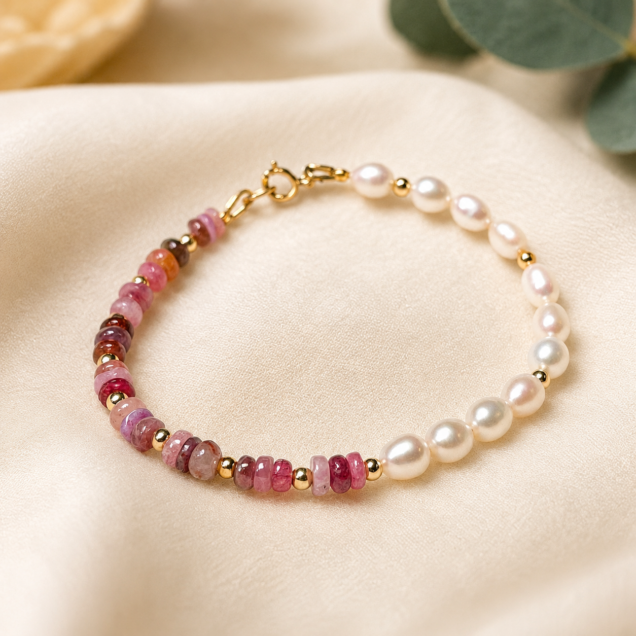 Bracelet en perles d'eau douce et tourmaline rose.
