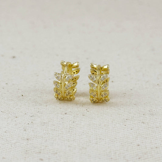 Créoles en forme de feuille avec zircons cubiques, en or rempli 18 carats