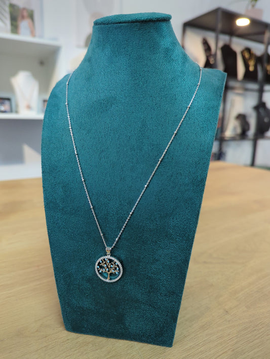 Collier avec chaîne en argent à boules et pendentif arbre de vie